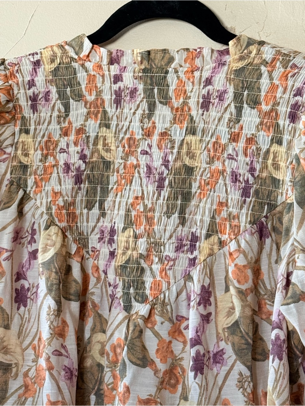 Rose & Olive Floral Smocked V-Neck Top Orange Purple green cottagecore boho - Picture 6 of 9